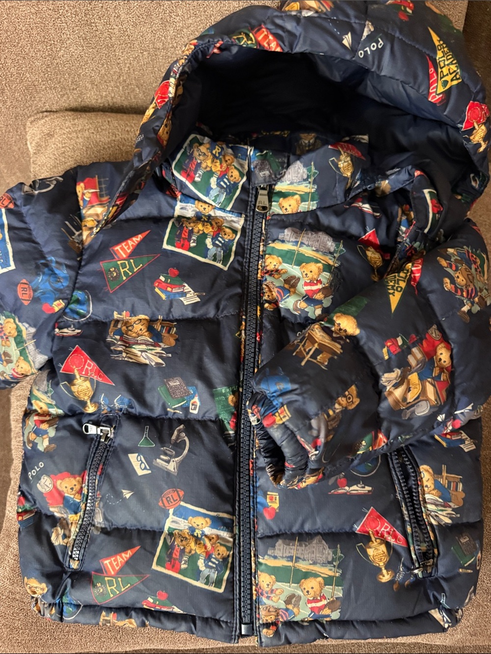 Polo by Ralph Lauren Navy Teddy Print Puffer Coat with Hood